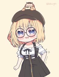 Rule 34 | 1girl, animal, animal on head, bare shoulders, black skirt, blonde hair, blouse, blue eyes, blush stickers, bubba (watson amelia), chibi, commentary, cowboy shot, drooling, earrings, english commentary, frilled shirt, frills, glasses, heart, heart earrings, high-waist skirt, highres, hololive, hololive english, jewelry, kukie-nyan, motion lines, on head, open mouth, round eyewear, scratching, scratching ass, shirt, short hair, skirt, solo, standing, suspender skirt, suspenders, twitter username, virtual youtuber, watson amelia, watson amelia (street casual), white shirt, yellow background, zipper