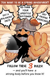 Rule 34 | 1boy, absurdres, beard, bowl, brown hair, dungeon meshi, dwarf, english text, facial hair, fake horns, finger counting, frown, hand up, helmet, highres, holding, holding bowl, horned helmet, horns, long beard, looking at viewer, male focus, outstretched hand, senshi (dungeon meshi), solo, speech bubble, sunfishingart, thick mustache, upper body, very long beard