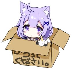 Rule 34 | 1girl, ahoge, anchor symbol, animal ear fluff, animal ears, azur lane, black sailor collar, black scrunchie, blush stickers, box, cardboard box, cat ears, chibi, commentary request, hair between eyes, hair ornament, hair scrunchie, hands up, in box, in container, long hair, looking at viewer, mini person, minigirl, parted lips, purple eyes, purple hair, sailor collar, scrunchie, simple background, solo, stuffed winged unicorn, sukireto, translation request, unicorn (azur lane), unicorn (long-awaited date) (azur lane), white background, x hair ornament