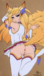 Rule 34 | 1girl, ahri (league of legends), animal ears, anus, ass, boots, breasts, detached sleeves, flat ass, fluff kevlar, fox ears, fox tail, from behind, hair ornament, high heel boots, high heels, league of legends, leg up, long hair, looking back, magical girl, medium breasts, nail polish, navel, no panties, purple eyes, pussy, red nails, solo, star (symbol), star guardian (league of legends), star guardian ahri, star hair ornament, tail, tiara, uncensored, upskirt, white footwear