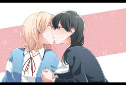 Rule 34 | 2girls, absurdres, black hair, black jacket, blonde hair, blue cardigan, blue eyes, blush, cardigan, collared shirt, commentary request, couple, eye contact, highres, honda sora, jacket, kashikaze, kiss, letterboxed, lonely girl ni sakaraenai, long hair, looking at another, medium hair, multiple girls, neck ribbon, open cardigan, open clothes, open collar, own hands together, pink background, red ribbon, ribbon, sakurai ayaka (lonely girl ni sakaraenai), shirt, sparkle, sweat, two-tone background, upper body, white background, white shirt, yellow eyes, yuri