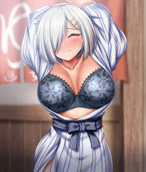 Rule 34 | 1girl, absurdres, arms up, bath yukata, blurry, blurry background, blush, bra, breasts, closed eyes, closed mouth, collarbone, commission, depth of field, facing viewer, hair ornament, hair over one eye, hairclip, hamakaze (kancolle), highres, japanese clothes, kantai collection, kimono, lace, lace-trimmed bra, lace trim, large breasts, open clothes, pixiv commission, short hair, silver hair, solo, striped, underwear, yukata, zanntetu