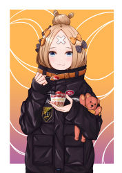 Rule 34 | 1girl, abigail williams (fate), abigail williams (traveling outfit) (fate), absurdres, bandaid, bandaid on face, bandaid on forehead, belt, black bow, black jacket, blonde hair, blue eyes, blush, border, bow, closed mouth, crossed bandaids, cup, eating, fate/grand order, fate (series), food, forehead, fruit, gradient background, hair bow, hair bun, heroic spirit traveling outfit, high collar, highres, holding, holding stuffed toy, ice cream, jacket, long hair, long sleeves, looking at viewer, multiple hair bows, noro (akatuki 1110), hugging object, official alternate costume, orange background, orange belt, orange bow, parted bangs, polka dot, polka dot bow, single hair bun, sleeves past wrists, solo, spoon, strawberry, stuffed animal, stuffed toy, sundae, teddy bear, white border