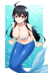 Rule 34 | 1girl, ahoge, air bubble, awono nanaumi, black hair, borrowed character, breasts, bubble, cleavage, closed mouth, collarbone, commission, hair between eyes, highres, jewelry, large breasts, long hair, looking at viewer, mermaid, monster girl, navel, necklace, original, pearl necklace, red eyes, shell, shell bikini, shell hair ornament, skeb commission, smile, solo, tail, tail ornament, underwater