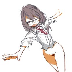 Rule 34 | 1girl, :d, bare legs, bottomless, female focus, female pubic hair, glasses, highres, legs, necktie, ootorii bisetsu, open mouth, pubic hair, simple background, smile, solo, white background