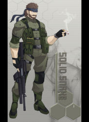 Rule 34 | 1boy, aai corporation, airtronic usa, assault rifle, beard, blue eyes, boots, brown hair, character name, chuunioniika, cigarette, colt&#039;s manufacturing company, colt defense, diemaco, facial hair, fingerless gloves, gloves, grenade launcher, gun, headband, highres, knee pads, knight&#039;s armament company, lewis machine and tool company, load bearing vest, m16, m16a2, m203, m4 carbine, male focus, manly, metal gear (series), metal gear solid, military operator, mullet, muscular, mustache, pillarboxed, rifle, rm equipment, sleeves rolled up, smoke, sneaking suit, solid snake, solo, strap, trigger discipline, u.s. ordnance, underbarrel grenade launcher, weapon