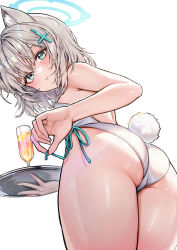 Rule 34 | 1girl, alcohol, alternate costume, animal ear fluff, animal ears, aqua eyes, ass, bare shoulders, blue archive, blue eyes, blush, breasts, cross hair ornament, cup, drink, drinking glass, glass, grey hair, hair ornament, halo, highres, holding, holding tray, leotard, looking at viewer, looking back, mismatched pupils, picter, playboy bunny, rabbit ears, rabbit tail, shiroko (blue archive), short hair, simple background, small breasts, solo, tail, thighs, tray, wine glass