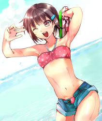 Rule 34 | 00s, 1girl, ;d, armpits, arms up, bandeau, bikini, brown eyes, brown hair, denim, denim shorts, dutch angle, hair ornament, hairclip, hakka0320, halterneck, navel, ocean, one eye closed, open fly, open mouth, seto no hanayome, shorts, smile, solo, strapless, submerged, swimsuit, tube top, unbuttoned, unzipped, v, wading, water, wet, wink, zenigata mawari