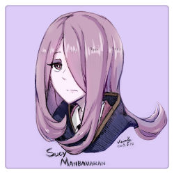 Rule 34 | 1girl, absurdres, brown eyes, character name, do it lara, hair over one eye, highres, little witch academia, long hair, portrait, purple hair, solo, sucy manbavaran