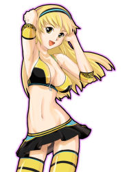 Rule 34 | 1girl, armpits, blonde hair, breasts, cleavage, cowboy shot, djmax, djmax portable, el (djmax), gradient background, hairband, happy, l (djmax), large breasts, long hair, midriff, miniskirt, navel, no panties, open mouth, outline, simple background, skirt, solo, stomach, takahashi ren, thighhighs, white background, yellow eyes, yellow thighhighs, zettai ryouiki, zipper