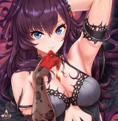 Rule 34 | 1girl, armlet, armpits, babydoll, bare shoulders, blue eyes, blush, breasts, brown hair, cleavage, closed mouth, elbow gloves, gloves, hair between eyes, hair ornament, highres, ichinose shiki, idolmaster, idolmaster cinderella girls, infinote, jewelry, long hair, looking at viewer, medium breasts, smile, solo, stenciled rose, thorns, wavy hair