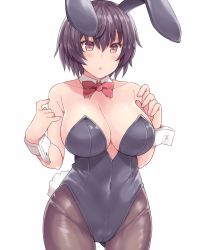 Rule 34 | 1girl, :o, amane hasuhito, animal ears, bad id, bad pixiv id, blush, bow, bowtie, breasts, brown eyes, brown hair, brown pantyhose, cleavage, commentary request, covered navel, cowboy shot, detached collar, fake animal ears, gluteal fold, hair between eyes, large breasts, legs apart, leotard, looking at viewer, nail polish, open mouth, original, pantyhose, parted lips, pink nails, playboy bunny, rabbit ears, rabbit girl, rabbit tail, red bow, red bowtie, shiny clothes, shiny skin, short hair, simple background, skin tight, solo, standing, strapless, strapless leotard, tail, tsurime, white background, wrist cuffs
