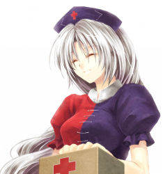 Rule 34 | 1girl, artist request, bad id, bad pixiv id, breasts, chisa, female focus, hat, lowres, silver hair, simple background, solo, touhou, upper body, white background, yagokoro eirin