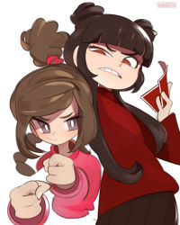 Rule 34 | 2girls, annoyed, artist name, avatar: the last airbender, avatar legends, braid, braided ponytail, brown eyes, card, clenched hands, double bun, grey eyes, hair bun, highres, holding, holding card, mai (avatar), multiple girls, onionsketch, parted lips, pink sweater, red sweater, smile, sweater, ty lee, v-shaped eyebrows