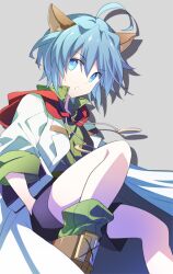 Rule 34 | 1boy, animal ears, blue eyes, blue hair, book, cat ears, cota, lab coat, leon geeste, looking at viewer, male focus, open mouth, pointy ears, short hair, shorts, simple background, solo, star ocean, star ocean the second story