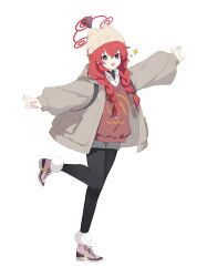 Rule 34 | 1girl, animal ear headwear, beanie, black undershirt, blue archive, blue eyes, braid, collared shirt, fake animal ears, full body, grey jacket, grey shorts, hair between eyes, halo, hat, highres, jacket, long hair, long sleeves, looking at viewer, maki (blue archive), maki (camp) (blue archive), nnnnnnnnnsu, official alternate costume, official alternate hairstyle, open clothes, open jacket, open mouth, outstretched arms, pantyhose, pink footwear, red hair, red halo, red sweater vest, shirt, shorts, smile, solo, standing, standing on one leg, sweater vest, twin braids, white shirt