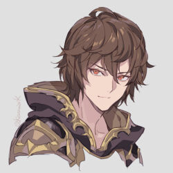 Rule 34 | 1boy, ahoge, artist name, brown hair, commentary request, granblue fantasy, grey background, hair between eyes, hood, hood down, looking to the side, male focus, messy hair, portrait, pota (bluegutty), red eyes, sandalphon (granblue fantasy), signature, simple background, smile, solo, twitter username