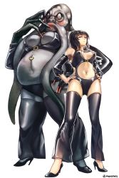Rule 34 | 2girls, aken, black eyes, black hair, breasts, cleavage cutout, clothing cutout, cosplay, detached sleeves, from below, full body, hands on own hips, highres, huge breasts, looking at viewer, medium breasts, monster girl, multiple girls, narberal gamma, navel piercing, neuronist painkil, neuronist painkil (cosplay), overlord (maruyama), piercing, ponytail, simple background, standing