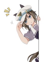 Rule 34 | 1girl, animal ears, blue eyes, bow, bowtie, brown hair, cheval grand (umamusume), hat, hiding, horse ears, horse girl, horse tail, horseshoe ornament, looking at viewer, peaked cap, puffy short sleeves, puffy sleeves, purple bow, purple bowtie, purple serafuku, purple shirt, sailor collar, sailor shirt, school uniform, serafuku, shirt, short hair, short sleeves, simple background, solo, tail, tracen school uniform, umamusume, usako (umauma0602), white background, white hat