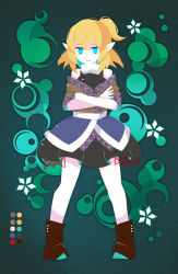 Rule 34 | 1girl, bare shoulders, black footwear, black skirt, blonde hair, closed mouth, crossed arms, frown, full body, green background, limited palette, looking at viewer, mizuhashi parsee, multicolored clothes, nosada, one side up, pointy ears, short hair, skirt, solo, standing, star (symbol), touhou