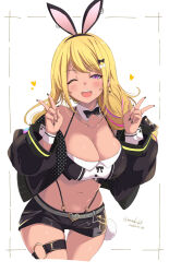 Rule 34 | 1girl, ;d, animal ears, black bow, black bowtie, black jacket, black nails, blonde hair, blush, bow, bowtie, breasts, cleavage, dated, detached collar, double v, fake animal ears, fingernails, hair bow, heart, highres, indie virtual youtuber, jacket, kichihachi, large breasts, long hair, looking at viewer, mimipi (vtuber), multicolored hair, nail polish, navel, o-ring, o-ring thigh strap, one eye closed, open clothes, open jacket, open mouth, pink hair, purple eyes, purple hair, rabbit ears, smile, solo, suspenders, thigh strap, twitter username, v, virtual youtuber, white background, white bow