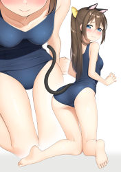 Rule 34 | 1girl, animal ears, apollo (hu maple), blue eyes, blue one-piece swimsuit, blush, bow, brown hair, cat ears, cat tail, hair between eyes, hair bow, half updo, highres, long hair, love live!, love live! nijigasaki high school idol club, one-piece swimsuit, osaka shizuku, paw pose, ponytail, school swimsuit, sidelocks, simple background, solo, swimsuit, tail, thighs, white background