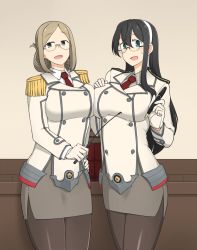 Rule 34 | 2girls, :d, alternate breast size, black hair, blush, buttons, collared shirt, commission, cosplay, cowboy shot, double-breasted, epaulettes, folded ponytail, glasses, gloves, green eyes, hamu koutarou, highres, holding, holding pen, jacket, kantai collection, katori (kancolle), katori (kancolle) (cosplay), light brown hair, long hair, multiple girls, necktie, ooyodo (kancolle), open mouth, pantyhose, parted bangs, pen, pointer, red neckwear, riding crop, shirt, skeb commission, smile, white background, white gloves