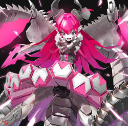 Rule 34 | 1girl, black background, blue eyes, circle skirt, commentary, crossed arms, elizabeth bathory (fate), elizabeth bathory (fate/extra ccc), fate/grand order, fate (series), hair between eyes, horns, long hair, looking at viewer, mecha, mecha eli-chan (fate), open mouth, pink hair, robot, signature, skirt, solo, sparks, tail, wings, yd (orange maru)