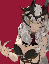 Rule 34 | 1girl, bare shoulders, breasts, carmilla (fate), cleavage, crown, fate/grand order, fate (series), fingernails, grey hair, image sample, kibadori rue, large breasts, long fingernails, long hair, looking at viewer, nail polish, red background, slit pupils, solo, tumblr sample, yellow eyes