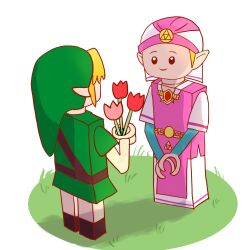 Rule 34 | 1boy, 1girl, blonde hair, dress, flower, green hat, green tunic, hat, highres, holding, holding flower, lego minifig, link, nameko (nanakake2), nintendo, pink dress, pointy ears, princess zelda, red flower, smile, the legend of zelda, the legend of zelda: ocarina of time, the lego group, triforce, tulip, white dress, young link