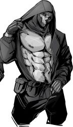 Rule 34 | 1boy, abs, absurdres, bara, bare pectorals, call of duty, call of duty: modern warfare 2, clothes pull, fartingdoggi, ghost (modern warfare 2), gloves, greyscale, highres, hood, hood up, jacket, large pectorals, male focus, mask, monochrome, muscular, muscular male, navel, nipples, open clothes, open jacket, pants, pectorals, simple background, skull mask, solo