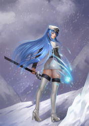 Rule 34 | 1girl, akame ga kill!, blue eyes, blue hair, boots, esdeath, from behind, full body, hat, high heel boots, high heels, highres, holding, holding sword, holding weapon, hq19910119, long hair, long sleeves, looking at viewer, looking back, military, military uniform, outdoors, parted lips, peaked cap, sidelocks, snowing, solo, standing, sword, thigh boots, thighhighs, uniform, very long hair, weapon, white thighhighs