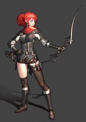 Rule 34 | 1girl, ahd, armor, arrow (projectile), asymmetrical legwear, belt, belt buckle, black gloves, blue eyes, blush, bow (weapon), brown footwear, brown shorts, brown thighhighs, buckle, checkered background, closed mouth, elbow gloves, full body, gloves, grey vest, hand on own hip, highres, holding, holding bow (weapon), holding weapon, jar, legs apart, lips, looking to the side, muneate, original, ponytail, quiver, red scarf, scarf, shin guards, shoes, short hair, short shorts, shorts, shoulder armor, smile, solo, swept bangs, thigh strap, thighhighs, uneven legwear, vest, weapon
