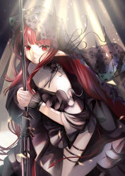 Rule 34 | 1girl, absurdres, arknights, black dress, demon girl, demon horns, demon tail, dress, hemorina, highres, holding, holding polearm, holding weapon, horns, horns through headwear, interlocked fingers, long hair, off-shoulder dress, off shoulder, own hands together, pointy ears, polearm, red eyes, red hair, sidelocks, solo, tail, thigh strap, veins, vigna (arknights), weapon