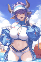 Rule 34 | 2girls, :d, animal ears, arknights, arm strap, asicah, bare shoulders, bikini, bikini bottom only, black gloves, blue jacket, breasts, cleavage, closed eyes, crop top, curvy, facing viewer, fingerless gloves, gloves, hand on own hip, highres, horns, jacket, large breasts, long hair, long sleeves, looking at viewer, multiple girls, navel, off shoulder, official alternate costume, open clothes, open jacket, open mouth, ponytail, puffy sleeves, purple hair, shirt, sideroca (arknights), sideroca (light breeze) (arknights), skindentation, sleeveless, sleeveless shirt, smile, solo focus, standing, stomach, sussurro (arknights), sussurro (summer flower) (arknights), swimsuit, unzipped, visor cap, wading, water, wet, white bikini, white shirt