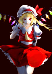 Rule 34 | 1girl, absurdres, arm behind back, ascot, blonde hair, blood, blood from mouth, blood on hands, breasts, closed mouth, collared shirt, cowboy shot, crystal, dark background, flandre scarlet, frilled headwear, frilled shirt collar, frilled skirt, frilled sleeves, frills, hat, hat ribbon, highres, looking at viewer, medium hair, mob cap, multicolored wings, one side up, puffy short sleeves, puffy sleeves, qie, red eyes, red ribbon, red skirt, red vest, ribbon, shirt, short sleeves, simple background, skirt, skirt set, small breasts, solo, touhou, vest, white hat, white shirt, wings, wrist cuffs, yellow ascot