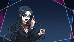 Rule 34 | 1girl, black-framed eyewear, black corset, black jacket, black sleeves, blazer, blue background, blue eyes, blue hair, bow, bowtie, breasts, buttons, clenched hand, collared jacket, collared shirt, commentary request, corset, danganronpa (series), danganronpa v3: killing harmony, eyelashes, glasses, glowing, glowing eyes, jacket, lapels, large breasts, layered sleeves, long hair, long sleeves, notched lapels, official style, open mouth, orange bow, orange bowtie, outside border, parody, pointing, pointing up, polka dot, polka dot background, round eyewear, shirogane tsumugi, shirt, simple background, smile, solo, spoilers, style parody, teeth, upper body, upper teeth only, very long hair, white shirt, yumaru (marumarumaru)