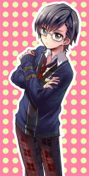 Rule 34 | 1boy, bad id, bad pixiv id, bespectacled, black hair, glasses, hair ornament, hairclip, jude mathis, male focus, mikou (toromappo), necktie, official alternate costume, pants, pink background, plaid, polka dot, polka dot background, school uniform, solo, tales of (series), tales of xillia, yellow eyes
