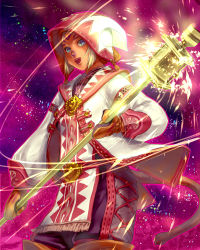 Rule 34 | 1girl, :d, blonde hair, blue eyes, cat tail, dark-skinned female, dark skin, final fantasy, final fantasy xi, hat, holding, holding weapon, long sleeves, mace, mithra (ff11), mittens, no eyebrows, open mouth, outline, pink outline, short hair, smile, solo, square enix, tail, teeth, weapon, white mage (final fantasy), yuccoshi