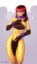Rule 34 | 1boy, androgynous, bodysuit, bracelet, brown hair, bulge, collar, earrings, erection, erection under clothes, gradient hair, highres, jewelry, long hair, male focus, multicolored hair, nipple piercing, nipple rings, nipples, nose piercing, penis, piercing, piercing through clothes, purple eyes, see-through, simple background, small penis, solo, standing, streaked hair, taut clothes, tesomu, testicles, trap