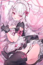 Rule 34 | 1girl, alternate costume, apron, black dress, black gloves, black thighhighs, blush, breasts, cleavage, dress, enmaided, frilled apron, frills, garter straps, gloves, highres, large breasts, looking at viewer, maid, maid apron, maid headdress, multicolored hair, no panties, original, pink hair, red eyes, red ribbon, ribbon, rubi-sama, solo, thighhighs, two-tone hair, waist apron, white apron, white hair
