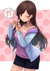 Rule 34 | 1girl, ;d, bad id, bad pixiv id, bare shoulders, black shorts, blue jacket, blush, breasts, brown eyes, brown hair, camisole, cleavage, collarbone, hands up, index finger raised, jacket, kanojo okarishimasu, long hair, medium breasts, minato yu, mizuhara chizuru, nail polish, off shoulder, one eye closed, open clothes, open jacket, open mouth, pink background, pink camisole, pink nails, polka dot, polka dot background, short shorts, shorts, smile, solo, translation request, two-tone background, v, very long hair, white background