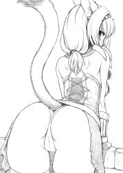 Rule 34 | 00s, 1girl, animal ears, arm support, ass, blush, cat ears, cat girl, cat tail, corset, final fantasy, final fantasy xi, from behind, gochou (kedama), greyscale, highres, leaning forward, looking back, mithra (ff11), monochrome, ponytail, solo, tail, thighhighs, zettai ryouiki