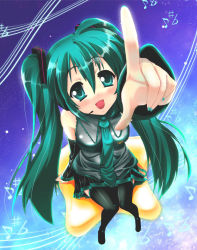 Rule 34 | 1girl, :d, aqua eyes, aqua hair, boots, detached sleeves, foreshortening, hatsune miku, highres, iga tamaki, musical note, necktie, open mouth, pointing, sitting, skirt, smile, solo, star (symbol), thigh boots, thighhighs, vocaloid