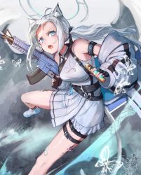 Rule 34 | 1girl, ahoge, amatsuka uto, angel, angel wings, animal ears, arknights, armlet, artist name, assault rifle, bandaid, bare shoulders, belt, belt buckle, black belt, black ribbon, blue eyes, blue footwear, blue hair, blush, buckle, bug, butterfly, cat ears, cat tail, character name, crystal, dress, fingerless gloves, frilled dress, frills, gloves, gun, halo, heart o-ring, indie virtual youtuber, industrial pipe, insect, jacket, layered clothes, light blue hair, light trail, long hair, looking up, m4 carbine, material growth, nail polish, o-ring, off shoulder, open clothes, open jacket, open mouth, oripathy lesion (arknights), ribbon, rifle, shirt, shoes, shoulder strap, sleeveless, sleeveless shirt, smoke, smoke trail, suiiryu, tagme, tail, two side up, v-shaped eyebrows, virtual youtuber, weapon, white butterfly, white dress, white shirt, wind, wings