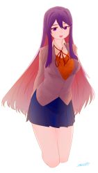 Rule 34 | 1girl, :d, absurdres, arms behind back, blue skirt, collared shirt, colored inner hair, cropped legs, doki doki literature club, grey jacket, hair between eyes, hair ornament, hairclip, highres, jacket, kneeling, long hair, looking at viewer, miniskirt, multicolored hair, neck ribbon, open mouth, orange vest, pleated skirt, purple eyes, purple hair, red hair, red ribbon, ribbon, ryusei hashida, shirt, signature, simple background, skirt, smile, solo, very long hair, vest, white background, white shirt, wing collar, yuri (doki doki literature club)