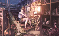 Rule 34 | 1girl, anatomical model, antlers, beret, birdcage, bone, book, brown eyes, brown hair, cage, cello, flower, fossil, hands on own knees, hat, horns, hyp, instrument, jar, long sleeves, looking at viewer, original, picture frame, plant, shoes, short hair, sitting, sitting on stairs, skirt, skull, solo, stairs, test tube, tusks, vial, vines