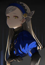 Rule 34 | 1girl, black gloves, blue dress, blue hairband, butterfly hair ornament, dress, elbow gloves, gloves, hair ornament, hairband, highres, isshiki (ffmania7), lavenza (persona 5), long hair, looking at viewer, persona, persona 5, puffy short sleeves, puffy sleeves, short sleeves, silver hair, smile, solo, upper body, yellow eyes