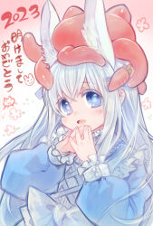 Rule 34 | 1girl, 2023, animal ears, blue eyes, carrot hair ornament, chinese zodiac, creature, dress, food-themed hair ornament, frilled dress, frills, hair ornament, highres, komota (kanyou shoujo), long hair, lucette (komota (kanyou shoujo)), on head, open mouth, original, rabbit ears, smile, solo, tentacles, white hair, year of the rabbit