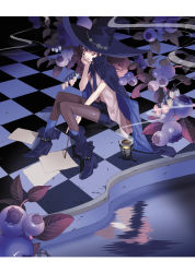 Rule 34 | 1girl, bad id, bad pixiv id, bellflower, blueberry, boots, brown eyes, brown hair, cape, checkered floor, drill hair, flower, food, fruit, hat, head rest, lololo, long hair, original, paper, perspective, shorts, sitting, solo, water, witch, witch hat